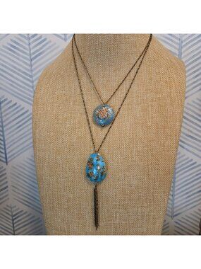Vintage Brass Tone Double Layer Blue Cloisonne Bird & Floral Charm Necklace 30"